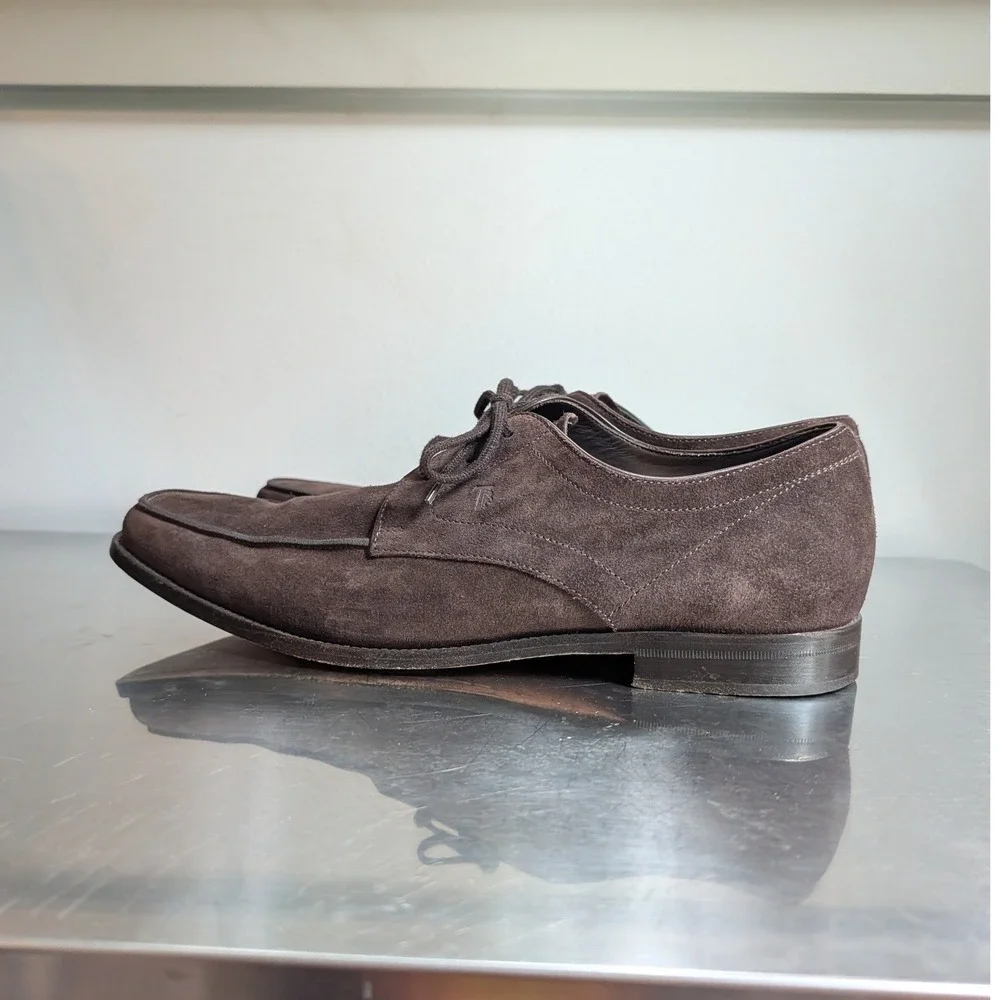 Tods Mens Dark Brown Suede Derby Shoes Apron Toe Lace Up Italy Size 10